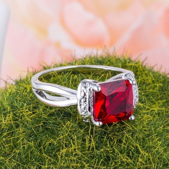 2 Ct. Princess Lab Created Ruby/White Topaz Ring - Picture 1 of 3